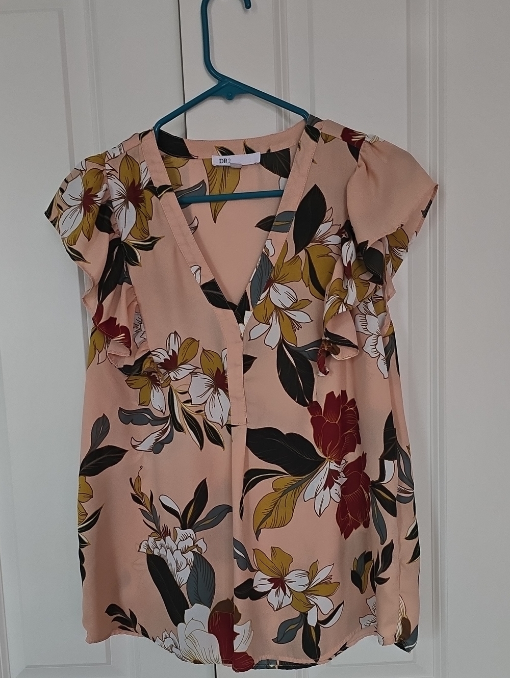 DR2 Blush Floral V-Neck Flutter Sleeve Top